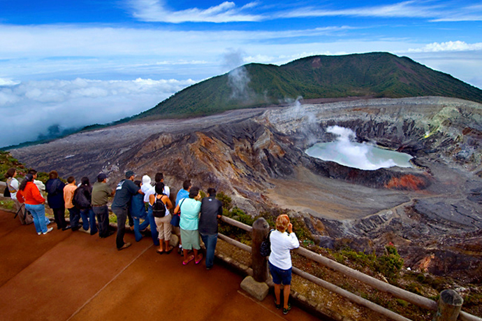 Tourists Admire The Very Active Crater Of The Poas Volcano, Costa Rica